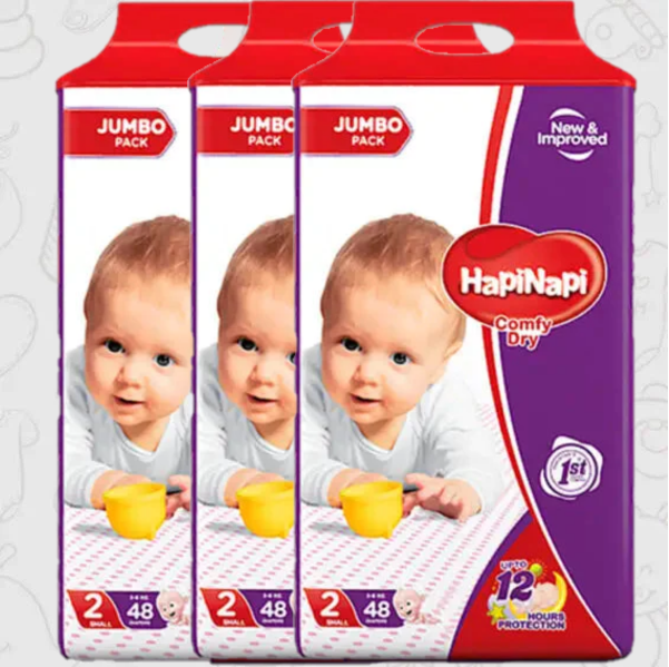 Hapi Napi Baby Diapers, Size 2, Small, 3-6Kg, 48Pcs, Jumbo Pack ( Pack of 3 )