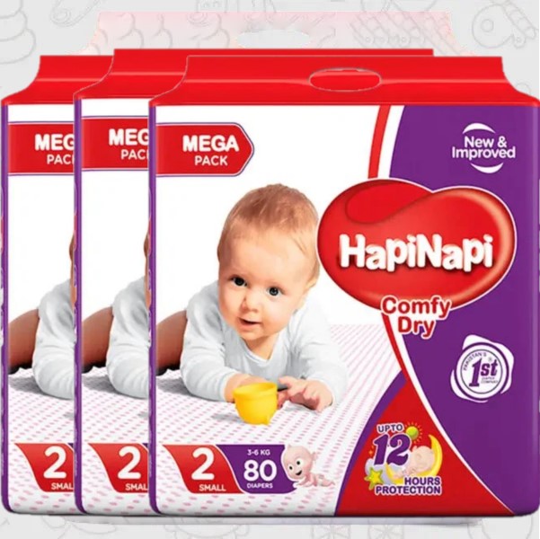 Hapi Napi Baby Diapers, Size 2, Small, 3-6Kg, 80Pcs, Mega Pack ( Pack of 3 )