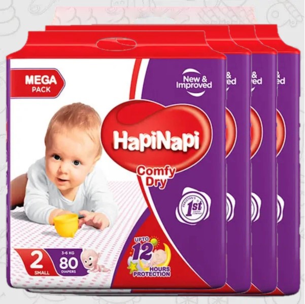 Hapi Napi Baby Diapers, Size 2, Small, 3-6Kg, 80Pcs, Mega Pack ( Pack of 4 )