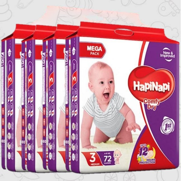 Hapi Napi Baby Diapers, Size 3, Medium, 4-9Kg, 72Pcs, Mega Pack ( Pack of 4 )