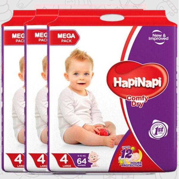 Hapi Napi Baby Diapers, Size 4, Large, 8-15Kg, 64Pcs, Mega Pack ( Pack of 3 )