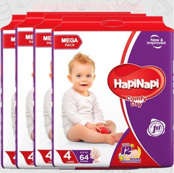 Hapi Napi Baby Diapers, Size 4, Large, 8-15Kg, 64Pcs, Mega Pack ( Pack of 4 )