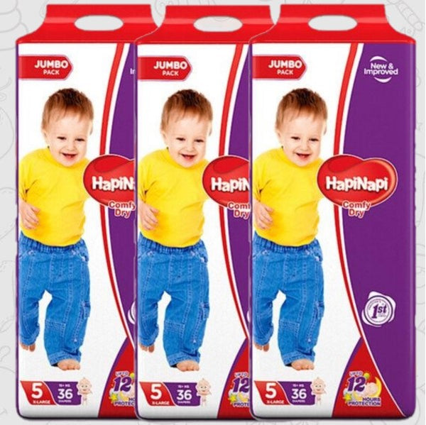 Hapi Napi Baby Diapers, Size 5, X-Large, 15+Kg, 36Pcs, Jumbo Pack ( Pack of 3 )