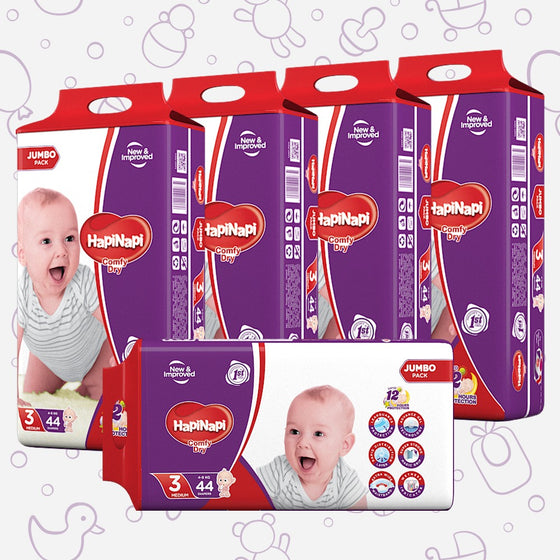 Hapi Napi Baby Diapers, Size 3, Medium, 4-9Kg, 44Pcs, Jumbo Pack ( Pack of 5 )