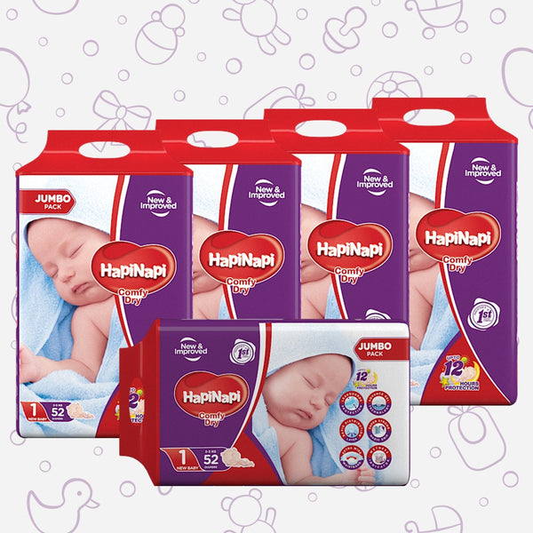 Hapi Napi Baby Diapers, Size1 New Born 2-5Kg, 52Pcs, Jumbo Pack ( Pack of 5 )