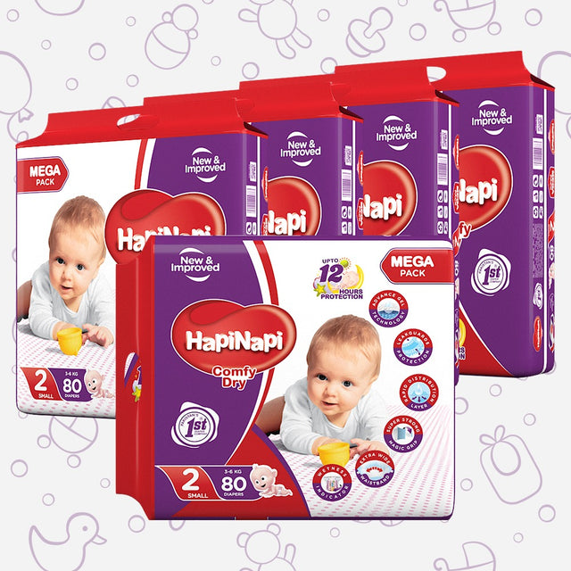 Hapi Napi Baby Diapers, Size 2, Small, 3-6Kg, 80Pcs, Mega Pack ( Pack of 5 )