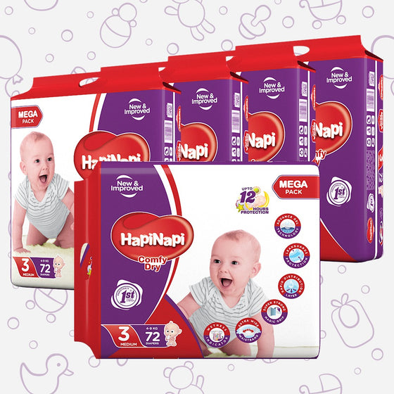 Hapi Napi Baby Diapers, Size 3, Medium, 4-9Kg, 72Pcs, Mega Pack ( Pack of 5 )