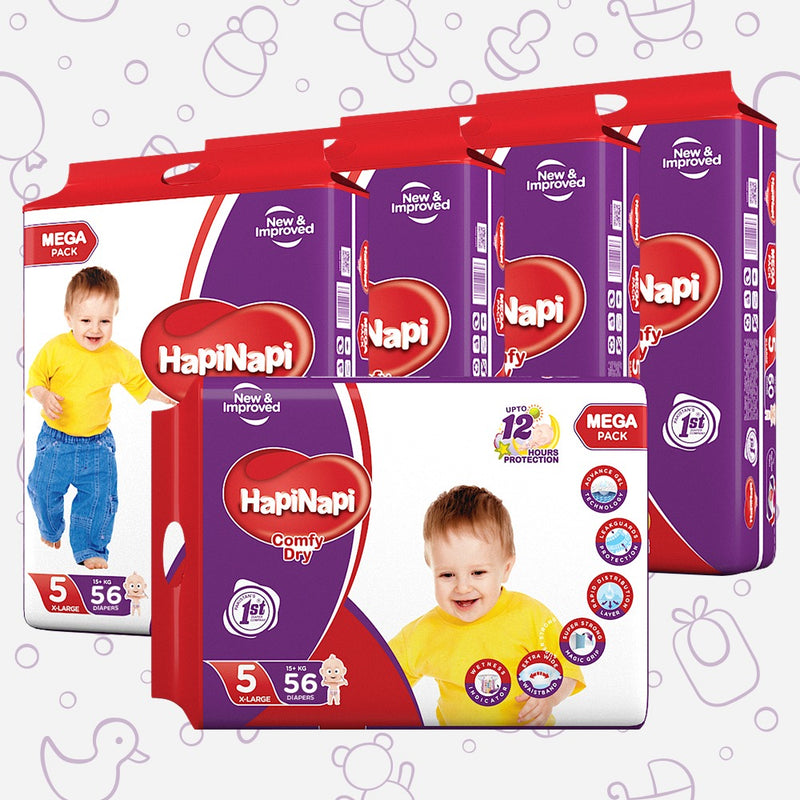 Hapi Napi Baby Diapers, Size 5, X-Large, 15+Kg, 56Pcs, Mega Pack ( Pack of 5 )