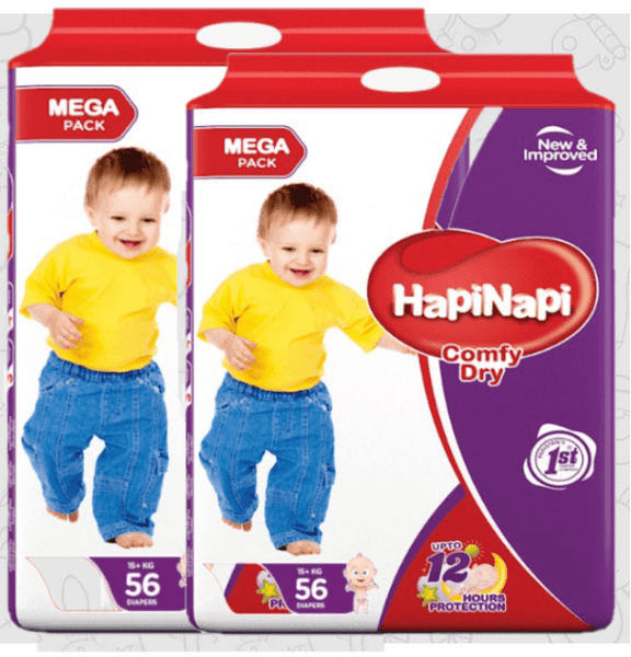 Hapi Napi Baby Diapers, Size 5, X-Large, 15+Kg, 56Pcs, Mega Pack ( Pack of 2 ) - hapinapistore